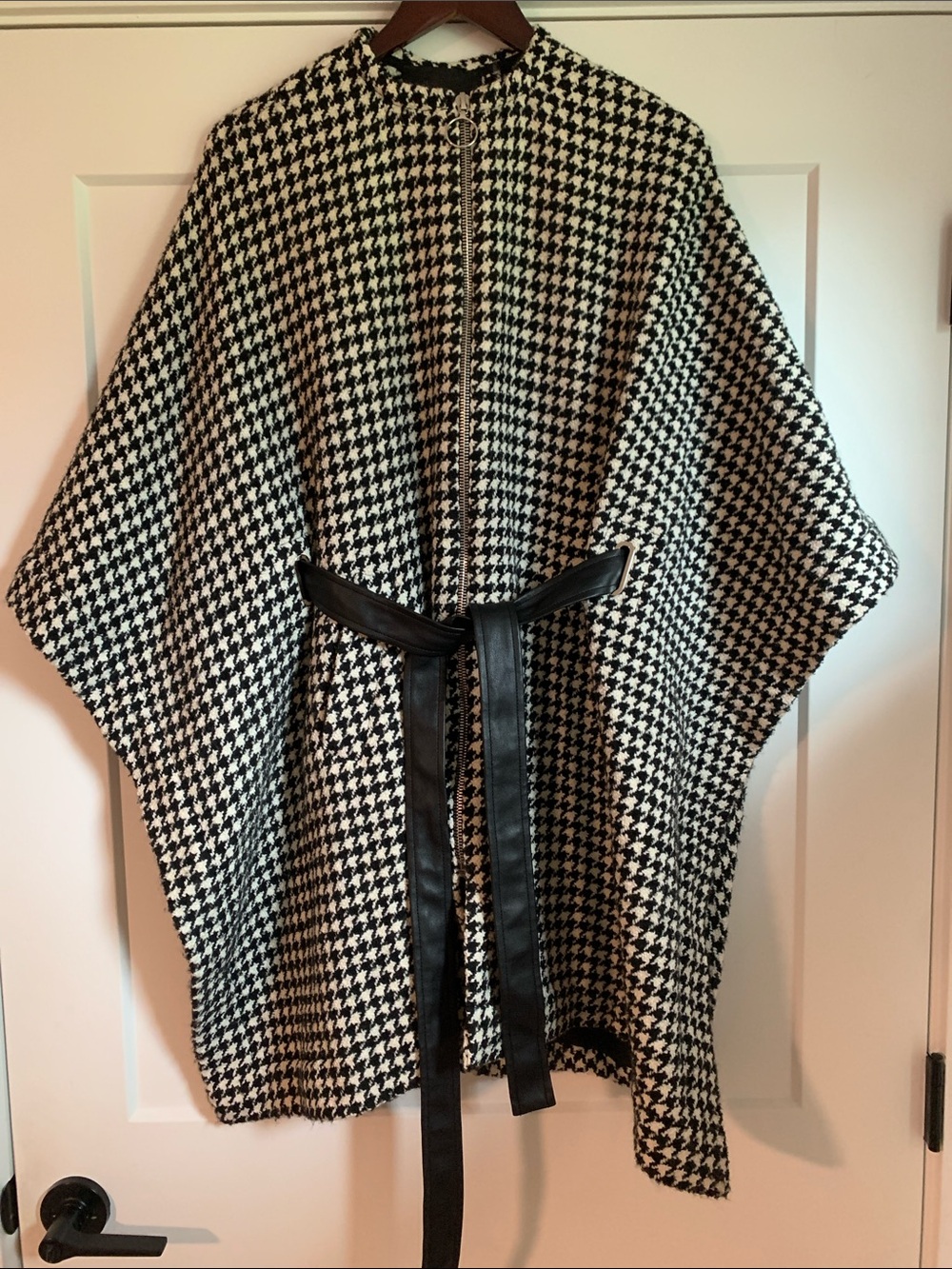 Make Houndstooth Cape Coat with Black Belt- One Size